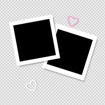 Set of photo frame mockup  scrapbook realistic with shadows and hearts on grey background. Vector illustration