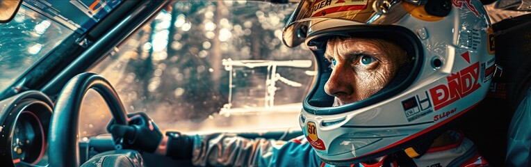 Racing driver in full gear inside a car cockpit - obrazy, fototapety, plakaty