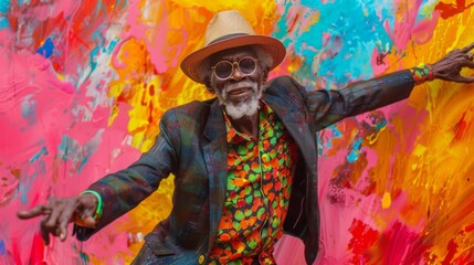 Cheerful senior man in front of a painted wall