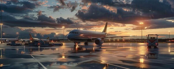 Commercial airplane on runway at sunset