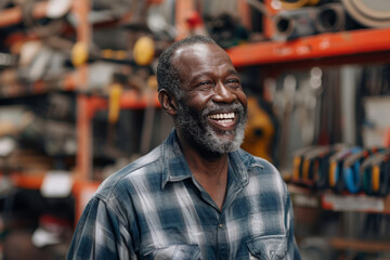 A middle-aged African man is smiling and laughing in a garage filled with tools as he selects a repair tool