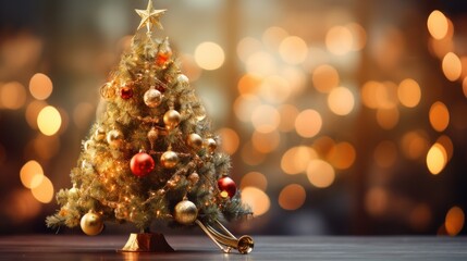 A small Christmas tree with gold ornaments sits on a snowy ground