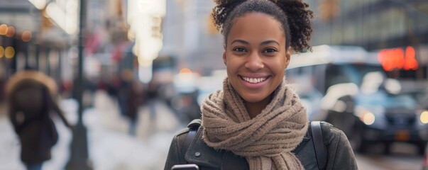 Smiling young woman using smartphone in the city - obrazy, fototapety, plakaty