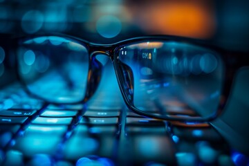 Close-up of keyboard and glasses with executive's background, A glass on a keyboard closeup, keyboard and glass closeup, digital marketing, online marketing, keyboard closeup 