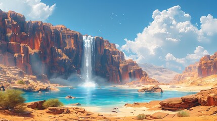 futuristic landscape with majestic waterfalls from high cliffs against a background reminiscent of an alien planet. Concept: science fiction illustrations, space travel, inspiration for books and game
