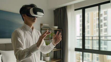 An entrepreneur conducting a virtual reality property tour for potential investors, showcasing real estate assets in a digital environment.