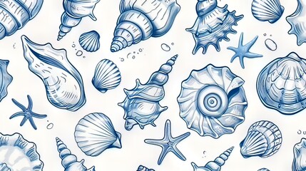 Horizontal AI illustration sea life sketches with a monochrome blue palette. Marine backgrounds. - obrazy, fototapety, plakaty