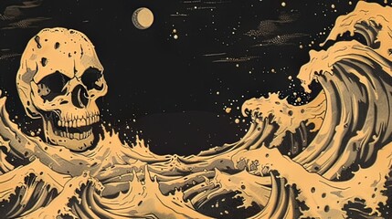 Horizontal AI illustration macabre ocean waves with skull illustration. Concept marine backgrounds.