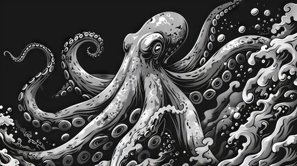 Horizontal AI illustration monochromatic octopus emerging from the abyss. Concept marine backgrounds