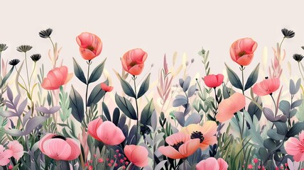 Horizontal AI illustration pastel floral fantasy with delicate poppies. Concept plants and flowers.