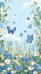 Vertical AI illustration springtime serenity with butterflies and wildflowers. Plants and flowers.