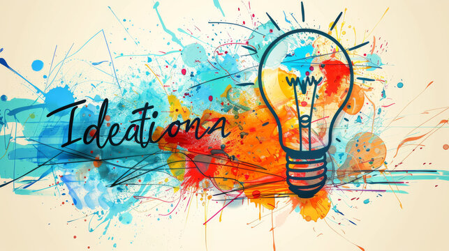A person creates an abstract image with the word "Ideation" against a colored background.