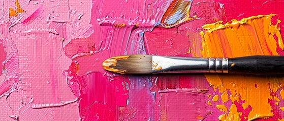  a paintbrush sitting on top of a pink and orange piece of art with lots of paint splattered all over it.