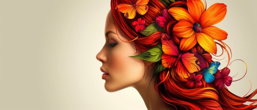  a painting of a woman with red hair and orange flowers in her hair, with a butterfly on her head.