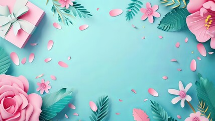 Horizontal AI illustration pastel elegance with floral and gift elements. Backgrounds and textures.
