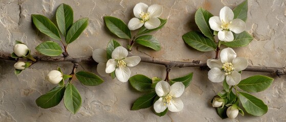  a group of white flowers and green leaves on a stone wall with a twig sticking out of one of the flowers.