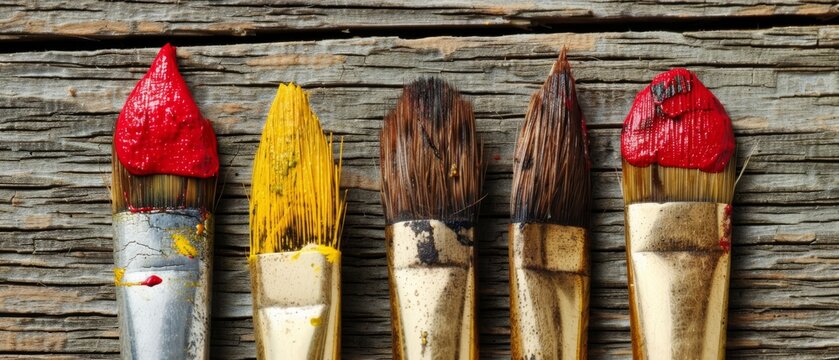  a group of paint brushes sitting next to each other on a piece of wooden plank with different colors of paint on them.