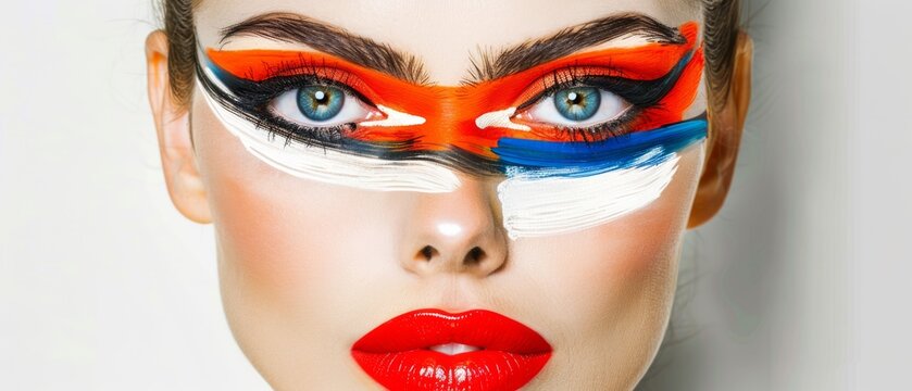  a woman with red, white, and blue makeup has her eyes painted like the flag of the united states.