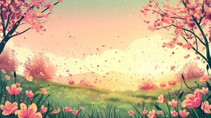 Horizontal AI illustration sunset bliss in a tulip and cherry blossom landscape. Concept landscape.