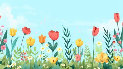 Horizontal AI illustration cheerful tulip field with a clear blue sky. Concept plants and flowers.