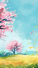 Vertical AI illustration enchanting cherry blossoms in spring breeze. Concept landscape.