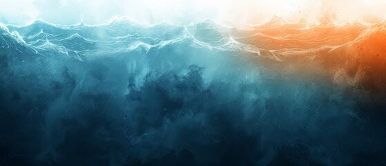  a painting of a blue and orange wave on a black and white background with an orange and blue sky in the background. - Powered by Adobe