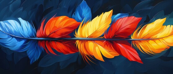 Fototapeta na wymiar a painting of a red, yellow and blue feather on a black background with a reflection of itself in the water.
