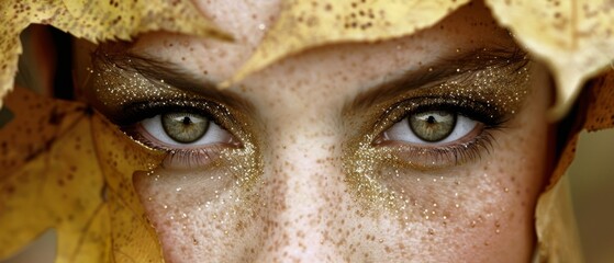  a close up of a woman's face with glitter on her eyes and a yellow leaf on her head.