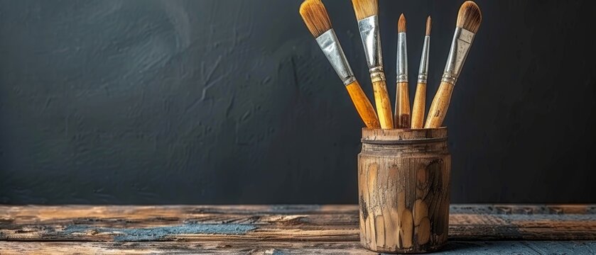  a cup full of paint brushes sitting on top of a wooden table in front of a black wall with a wooden frame.