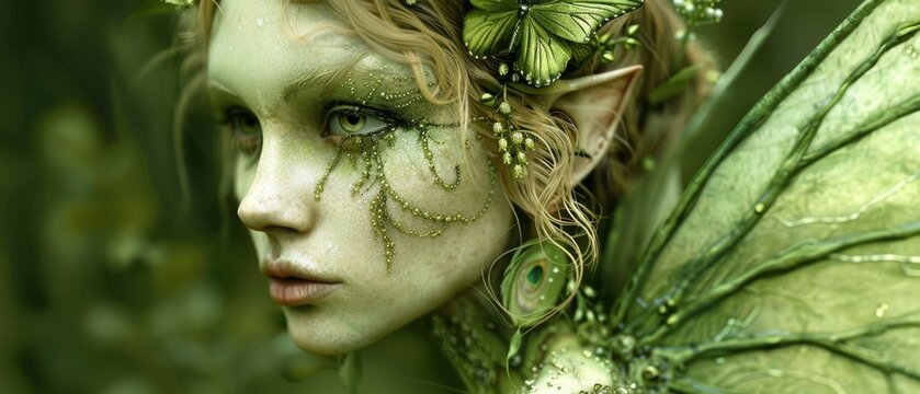  a close up of a woman's face with green leaves on her face and a butterfly on her head.