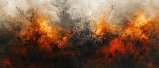  A painting featuring orange and black clouds against a white/black backdrop, with a red focal point at its center - obrazy, fototapety, plakaty