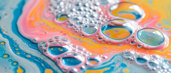 Fototapeta na wymiar A blue, yellow, pink, orange liquid with texture bubbles.