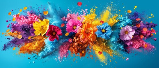  Colorful powders on blue, sky in backdrop.