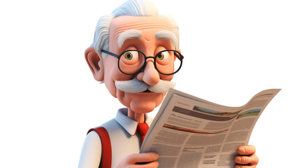 3D rendering cheerful cartoon senior man read his newspaper on PNG transparent or white background.

