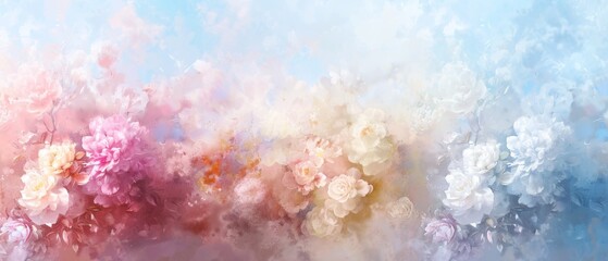 A stunning artwork featuring vibrant pink and white blossoms against a serene blue and pink backdrop, with delicate white and pink flowers gracing the left edge of the canvas.