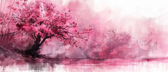 Obraz na płótnie Canvas A portrait of a tree adorned with pink blossoms against a backdrop of serene water