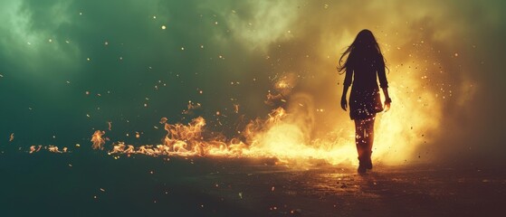  A lady facing a blazing fire with wind-blown hair.