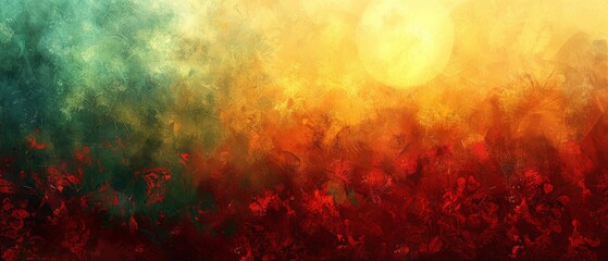  A colorful canvas portrays three vibrant fields - red, yellow, and green-bordered by a radiant sun in the upper sky.