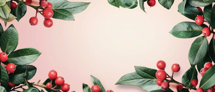  A branch with red berries and green leaves on a pink background, allowing space for either text or an image.