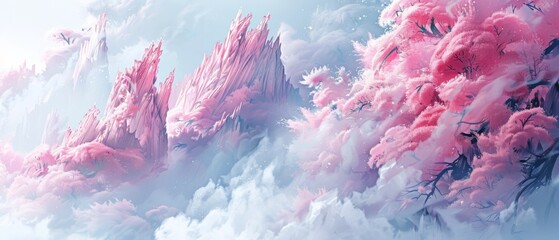  A watercolor of vibrant pink, white, and blue hues with trees and clouds in both layers.