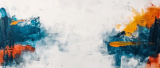  A monochrome image of a blue, orange, and yellow abstract painting with white background and black and white border (45 tokens)