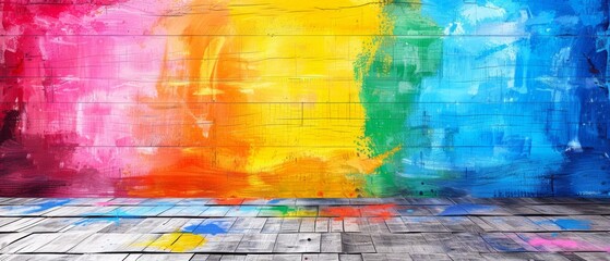  A vibrant rainbow mural adorns a brick canvas, set against a rustic wooden backdrop.