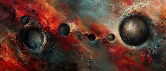  A painting depicting a cluster of black and red spheres surrounded by a sea of red, orange, and blue bubbles.