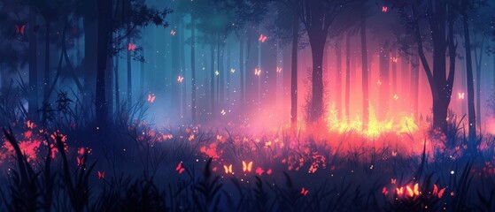  A forest ablaze with crimson and amber fireflies, soaring aloft amidst towering trees and lush grass - obrazy, fototapety, plakaty