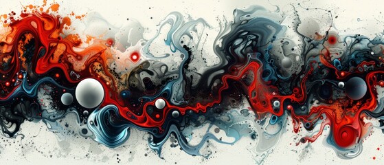  An abstract artwork featuring red, black, white swirls, and a central white orb. - obrazy, fototapety, plakaty