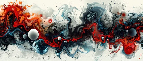 Foto op Plexiglas  An abstract artwork featuring red, black, white swirls, and a central white orb. © Jevjenijs