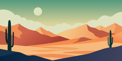 Stylized flat vector illustration of a serene desert scene during sunset with large cacti and mountains. Festive poster, mexican background, Mexico backdrop for festival Cinco de mayo