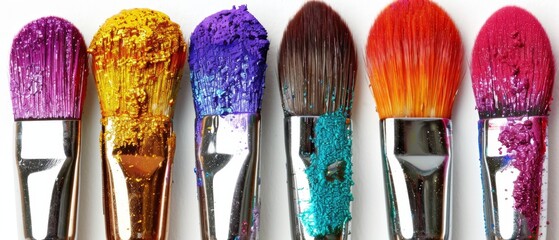  A row of vibrant paintbrushes arranged on a white backdrop against a pure white wall - obrazy, fototapety, plakaty