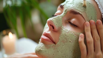 Mature Woman Enjoying Green Facial Mask, Young women made face masks in a beauty salon.
