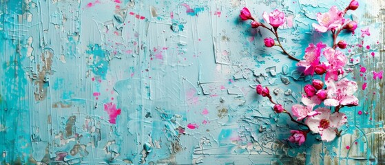  Pink-and-white flowers on blue-green background, paint splatters on wall